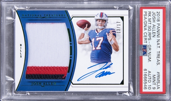 2018 Panini National Treasures Rookie Materials Signatures RPS Green Numbers #RMSJA Josh Allen Signed Patch Rookie Card (#13/17) - PSA MINT 9, PSA/DNA 10